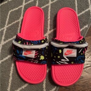 Nike Pink and Black Slide Sandals